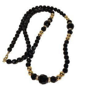 Black Bead Beaded Necklace Gold Rhinestones 28" Fashion Jewelry Womens Chic